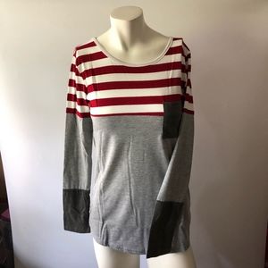 Womens Grey Red Striped Crewneck Tee Sz M